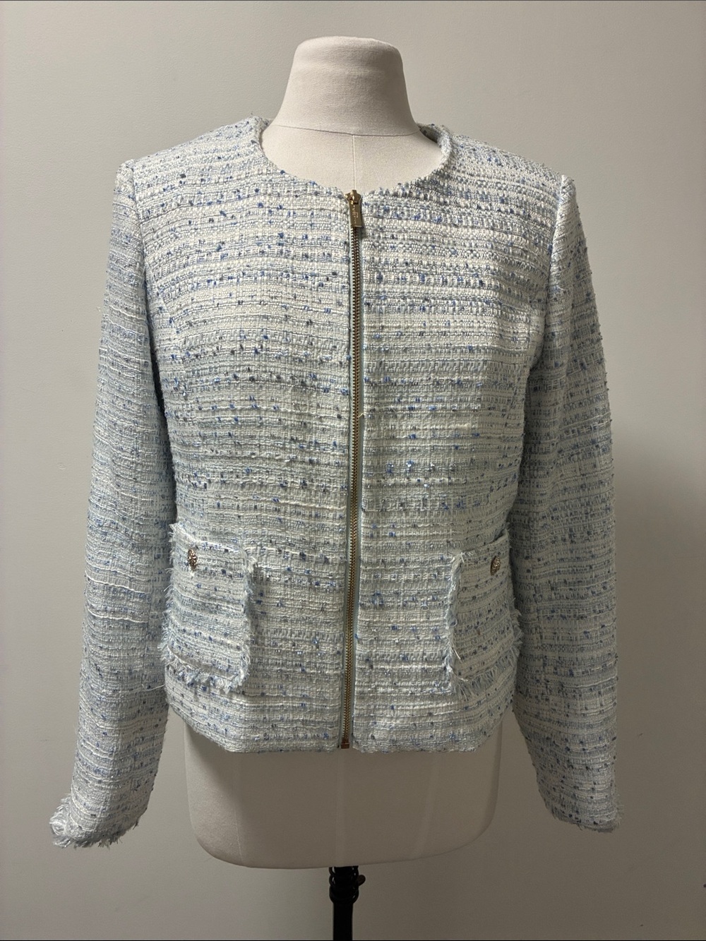 Karl Lagerfeld Light Blue and White Tweed Zip Jacket